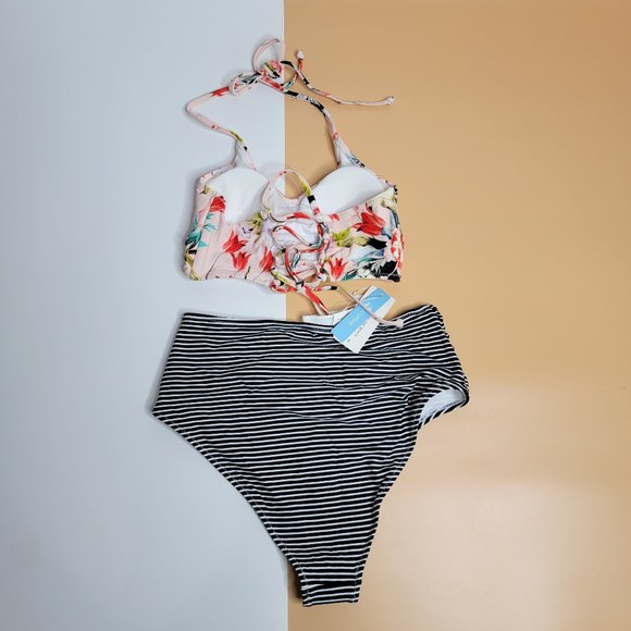 CUPSHE Women’s Bikini Swimsuit Floral Print Halter Lace Up Two Piece size S NWT - Picture 7 of 13